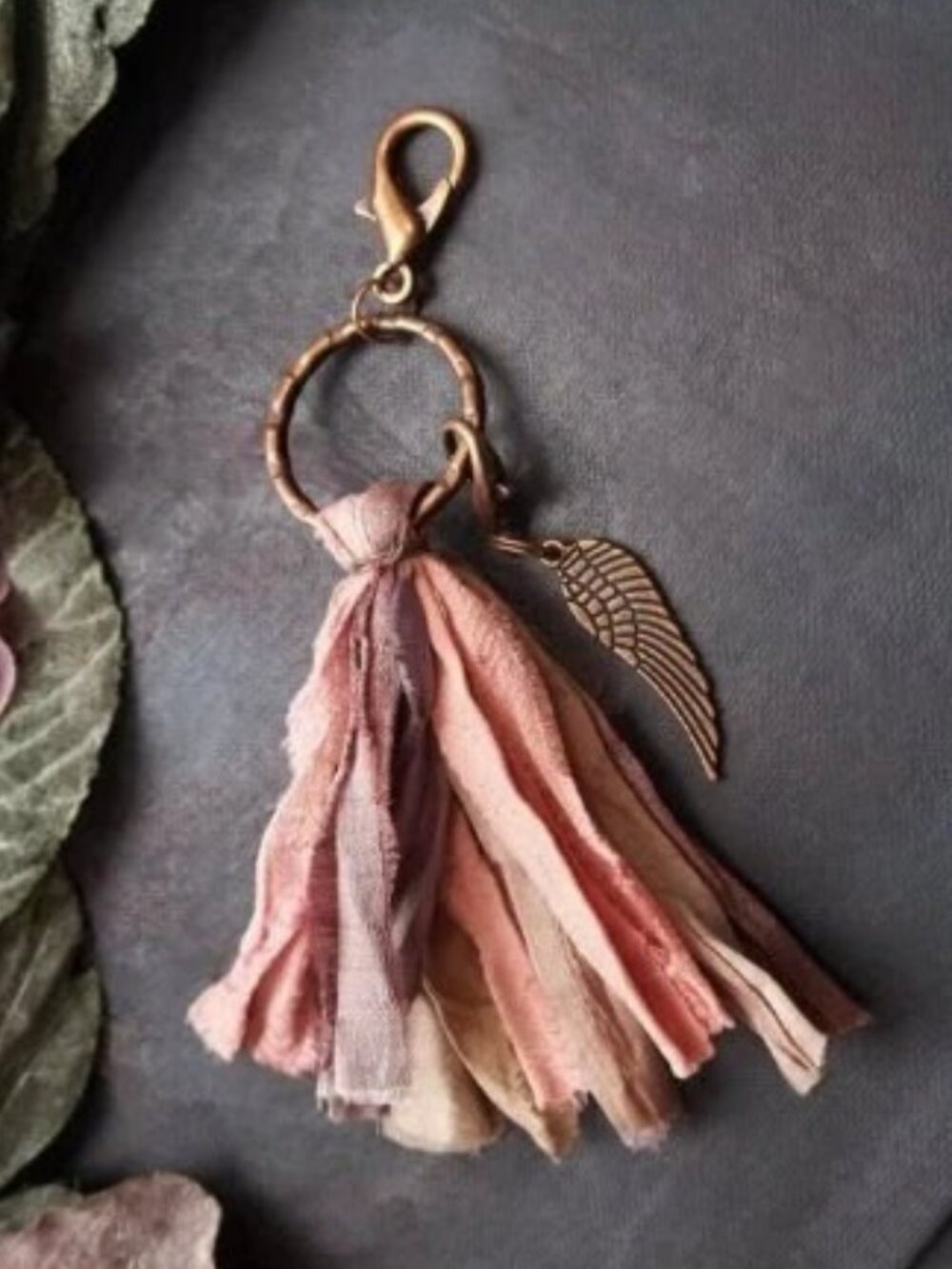 Recycled Sari Silk Tassel Keychain Boho Purse Charm with Angel Wing